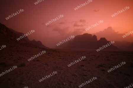 The Landscape on evening in the Wadi Rum Desert in Jordan in the middle east.