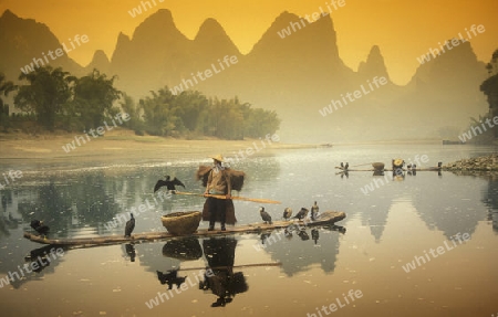 the landscape at the Li River near Yangshou near the city of  Guilin in the Province of Guangxi in china in east asia. 