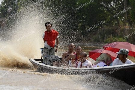 a Taxi Boat transport at the Nan Chaung Main Canal in the city of Nyaungshwe at the Inle Lake in the Shan State in the east of Myanmar in Southeastasia.