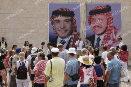 Pictures of the King Hussein, left, and his son and new King Abdullah, right, in the Village of Wadi Musa near the Temple city of Petra in Jordan in the middle east.