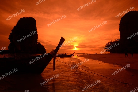 The Hat Phra Nang Beach at Railay near Ao Nang outside of the City of Krabi on the Andaman Sea in the south of Thailand. 