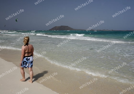 the Beach of  Corralejo on the Island Fuerteventura on the Canary island of Spain in the Atlantic Ocean.