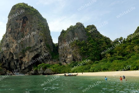 The Hat Tom Sai Beach at Railay near Ao Nang outside of the City of Krabi on the Andaman Sea in the south of Thailand. 