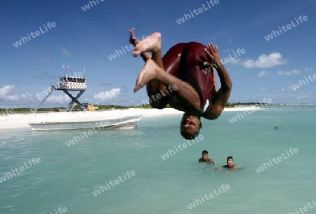 Suedamerika, Karibik, Venezuela, Los Roques, Insel, Atoll, Archipfel, Klima, Meer, Wetter, Reef, Dorfstrand, Dorfinsel, Fischerboot, Hafen, Mann, Sprung ins Wasser, Baden, Venezuelaner, Flugplatz, Flughafen, Ueberwachungsturm,