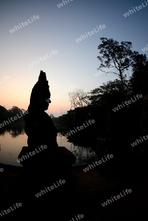 The Bridge at the Angkor Tom Gate in the Temple City of Angkor near the City of Siem Riep in the west of Cambodia.