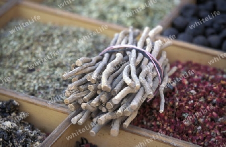 a spyces shop the souq or Market in the old town in the city of Dubai in the Arab Emirates in the Gulf of Arabia.