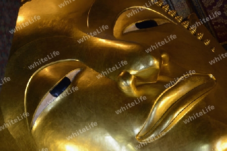 Der Grosse liegende Buddha im Wat Pho Tempel in der Stadt Bangkok in Thailand in Suedostasien.