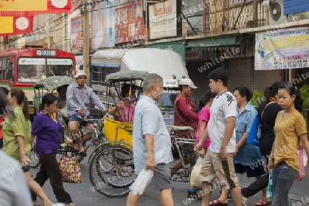 Bicycle Ricksha Taxis at the morning Market in Nothaburi in the north of city of Bangkok in Thailand in Southeastasia.