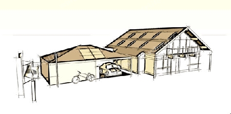 New, modern, sustainable Architecture with solar and wind energy, e-car and e-bike