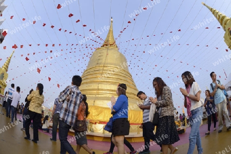 Die Tempelanlage des Goldenen Berg in der Hauptstadt Bangkok von Thailand in Suedostasien.