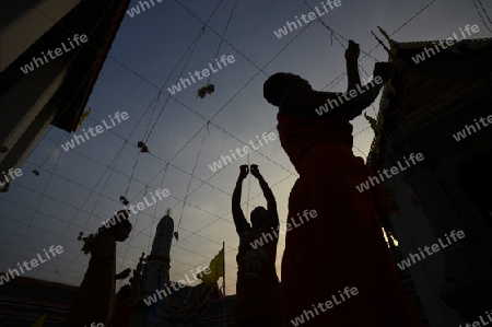 Moenche bei den Vorbereitungen auf die Neujahrsnacht Feier in der Tempelanlage des Wat Pho in der Hauptstadt Bangkok von Thailand in Suedostasien.