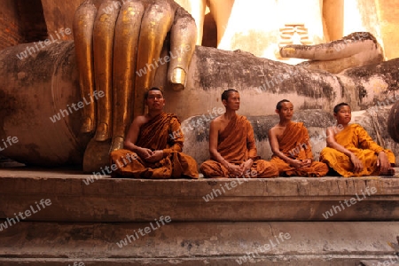 Moenche bestaunen die Buddha Figur  im Wat Si Chum Tempel in der Tempelanlage von Alt-Sukhothai in der Provinz Sukhothai im Norden von Thailand in Suedostasien.