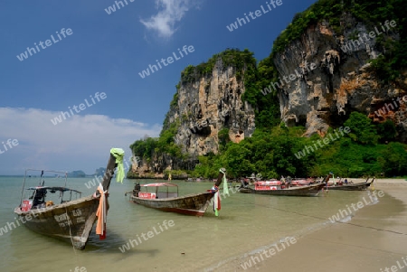 The Hat Tom Sai Beach at Railay near Ao Nang outside of the City of Krabi on the Andaman Sea in the south of Thailand. 