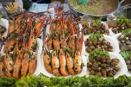 Seafood at a streetmarket at the charoen Krung road at the Riverside Aerea in the city of Bangkok in Thailand in Southeastasia.