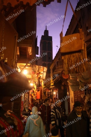 a smal Marketroad in the Medina of old City in the historical Town of Fes in Morocco in north Africa.