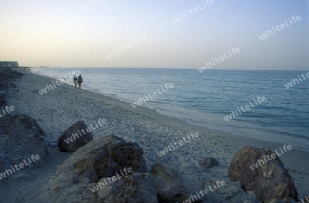 Ein Sandstrand auf der Insel Jierba im Sueden von Tunesien in Nordafrika.