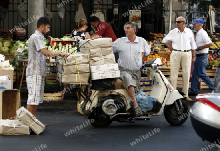 The Fishmarket in the old Town of Catania in Sicily in south Italy in Europe.