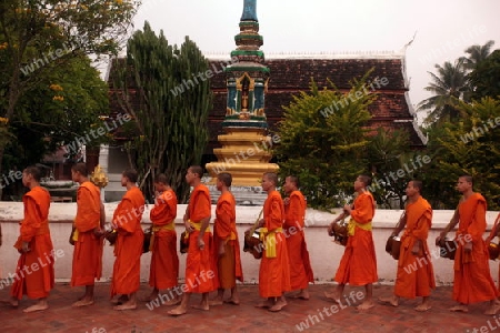 Moenche am fruehen Morgen beim einsammeln von Reis in der Altstadt von Luang Prabang in Zentrallaos von Laos in Suedostasien.  