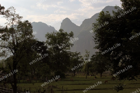 Die Huegellandschaft an der Landstrasse 12 zwischen der Stadt Tha Khaek und dem Dorf Mahaxai Mai in zentral Laos an der Grenze zu Thailand in Suedostasien.