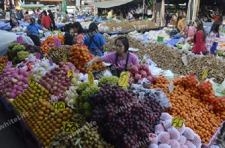 Fruechte auf dem Markt in Amnat Charoen im Isan im osten von Thailand,