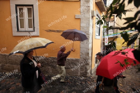 Eine Gasse in der  Altstadt von Alfama in der Innenstadt der Hauptstadt Lissabon in Portugal.      