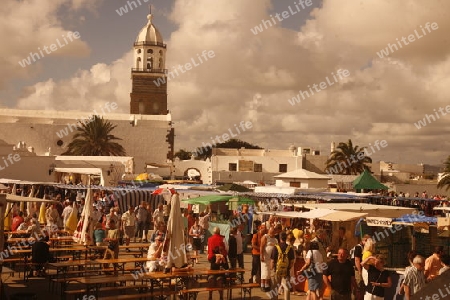 the sunday market in the old town of Teguise on the Island of Lanzarote on the Canary Islands of Spain in the Atlantic Ocean. on the Island of Lanzarote on the Canary Islands of Spain in the Atlantic Ocean.
