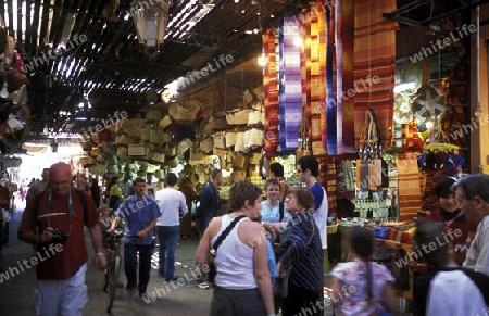 The Souq or Bazzar or Market in the old town of Marrakesh in Morocco in North Africa.
