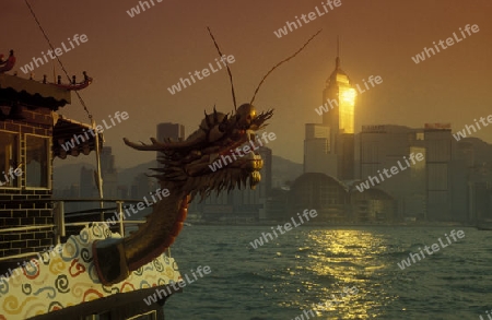 a traditional Boat in the harbour of Kowloon in Hong Kong in the south of China in Asia.