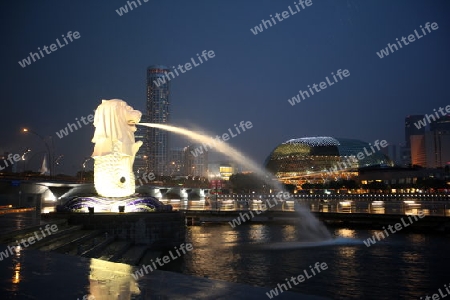 Asien, Suedost, Singapur, Insel, Staat, Stadt, City, Skyline, Zentrum, Merlion, Statue, Brunnen, Wahrzeichen, Esplanade, Theater, Nacht,   