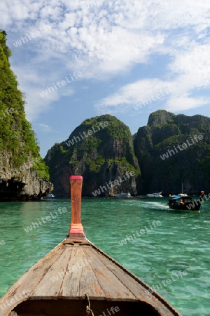 a Boat on the way to Maya Beach  near the Ko Phi Phi Island outside of the City of Krabi on the Andaman Sea in the south of Thailand. 