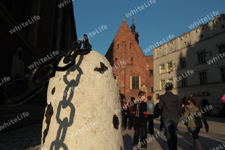 Der Rynek Glowny Platz mit der Marienkirche in der Altstadt von Krakau im sueden von Polen. 