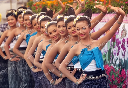 Eine traditionelle Tanz Gruppe zeigt sich an der Festparade beim Bun Bang Fai oder Rocket Festival in Yasothon im Isan im Nordosten von Thailand. 