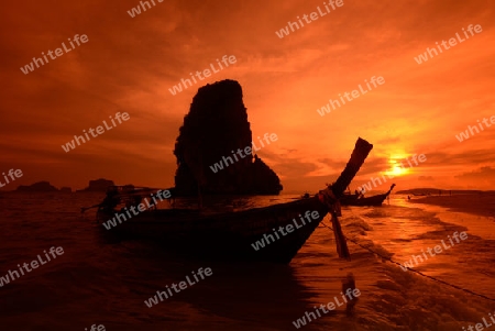 The Hat Phra Nang Beach at Railay near Ao Nang outside of the City of Krabi on the Andaman Sea in the south of Thailand. 