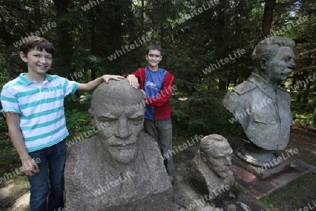 The historic Grutapark with old statues of Lenin and Stalin near the town of Druskininkai in the south of Vilnius and the Baltic State of Lithuania,  