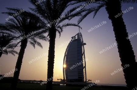 the hotel Burj al Arab in the city of Dubai in the Arab Emirates in the Gulf of Arabia.