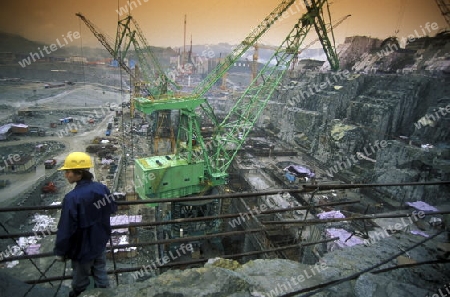 the constructions work at the three gorges dam project on the yangzi river in the province of hubei in china.