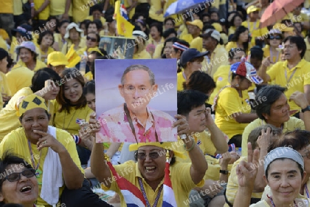 Tausende von Thailaender zelebrieren den Kroenungstag des Koenig Bhumibol auf dem Sanam Luang Park vor dem Wat Phra Kaew in der Stadt Bangkok in Thailand in Suedostasien.  