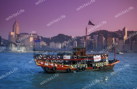 a traditional Boat in the harbour of Kowloon in Hong Kong in the south of China in Asia.