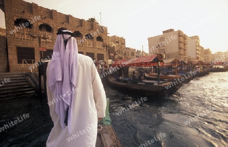 a city boat and ferry on the Dubai creek in the old town in the city of Dubai in the Arab Emirates in the Gulf of Arabia.