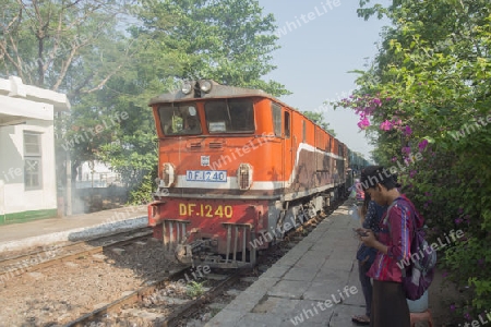 a train of the Yangon circle train in a trainstation near the City of Yangon in Myanmar in Southeastasia.