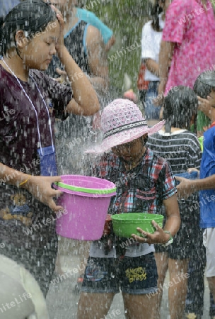 Das Songkran Fest oder Wasserfest zum Thailaendischen Neujahr ist im vollem Gange in Ayutthaya noerdlich von Bangkok in Thailand in Suedostasien.  