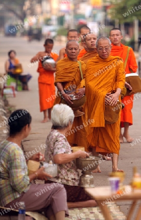 Moenche auf ihrem Rundgang am fruehem Morgen vor dem Tempel in der Stadt Tha Khaek in zentral Laos an der Grenze zu Thailand in Suedostasien.