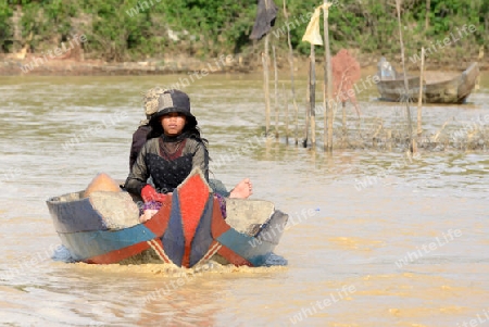 The People at wort in the Lake Village Kompong Pluk at the Lake Tonle Sap near the City of Siem Riep in the west of Cambodia.