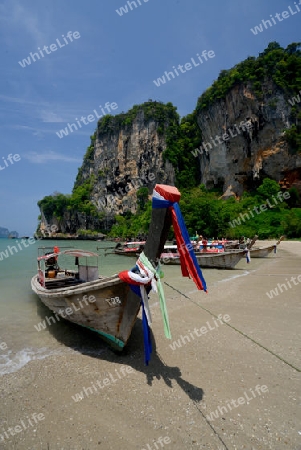 The Hat Tom Sai Beach at Railay near Ao Nang outside of the City of Krabi on the Andaman Sea in the south of Thailand. 