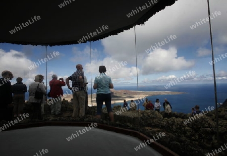 the Mirador del Rio viewpoint on the Island of Lanzarote on the Canary Islands of Spain in the Atlantic Ocean. on the Island of Lanzarote on the Canary Islands of Spain in the Atlantic Ocean.
