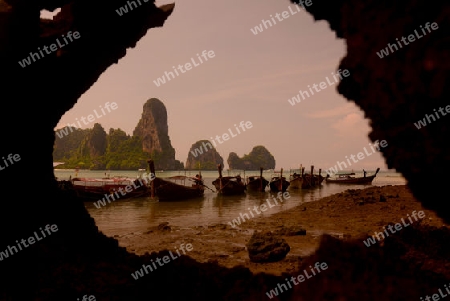 The Hat Tom Sai Beach at Railay near Ao Nang outside of the City of Krabi on the Andaman Sea in the south of Thailand. 