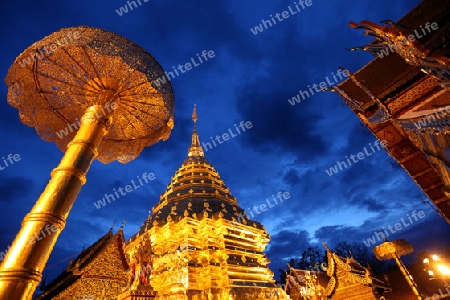 Der Chedi der Tempel Anlage des Wat Phra That Doi Suthep bei Chiang Mai in der Provinz Chiang Mai im Norden von Thailand in Suedostasien.