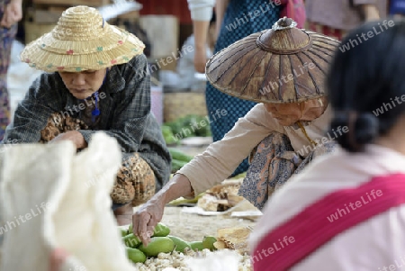 The Market in the village of Ywama at the Inle Lake in the Shan State in the east of Myanmar in Southeastasia.