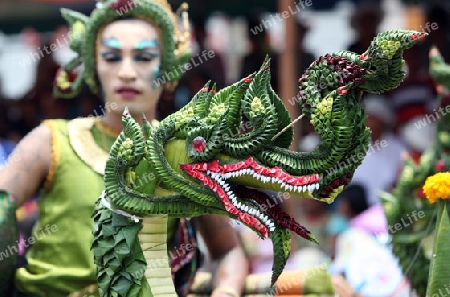 Menschen an der Festparade beim Bun Bang Fai oder Rocket Festival in Yasothon im Isan im Nordosten von Thailand. 