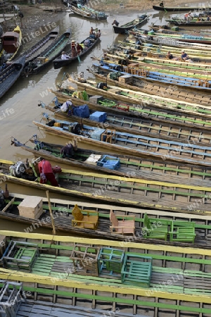 the Boat landing Pier at the Nan Chaung Main Canal in the city of Nyaungshwe at the Inle Lake in the Shan State in the east of Myanmar in Southeastasia.